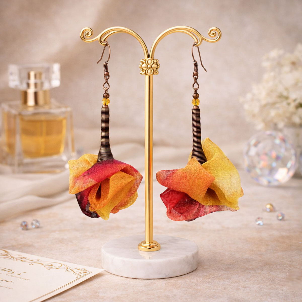 Unikatowe kolczyki kwiaty Lume Design jesienny multikolor antyczna miedź