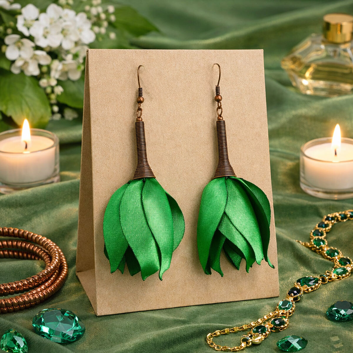 Długie Kolczyki Kwiaty Zielone Satynowe Antyczna Miedź