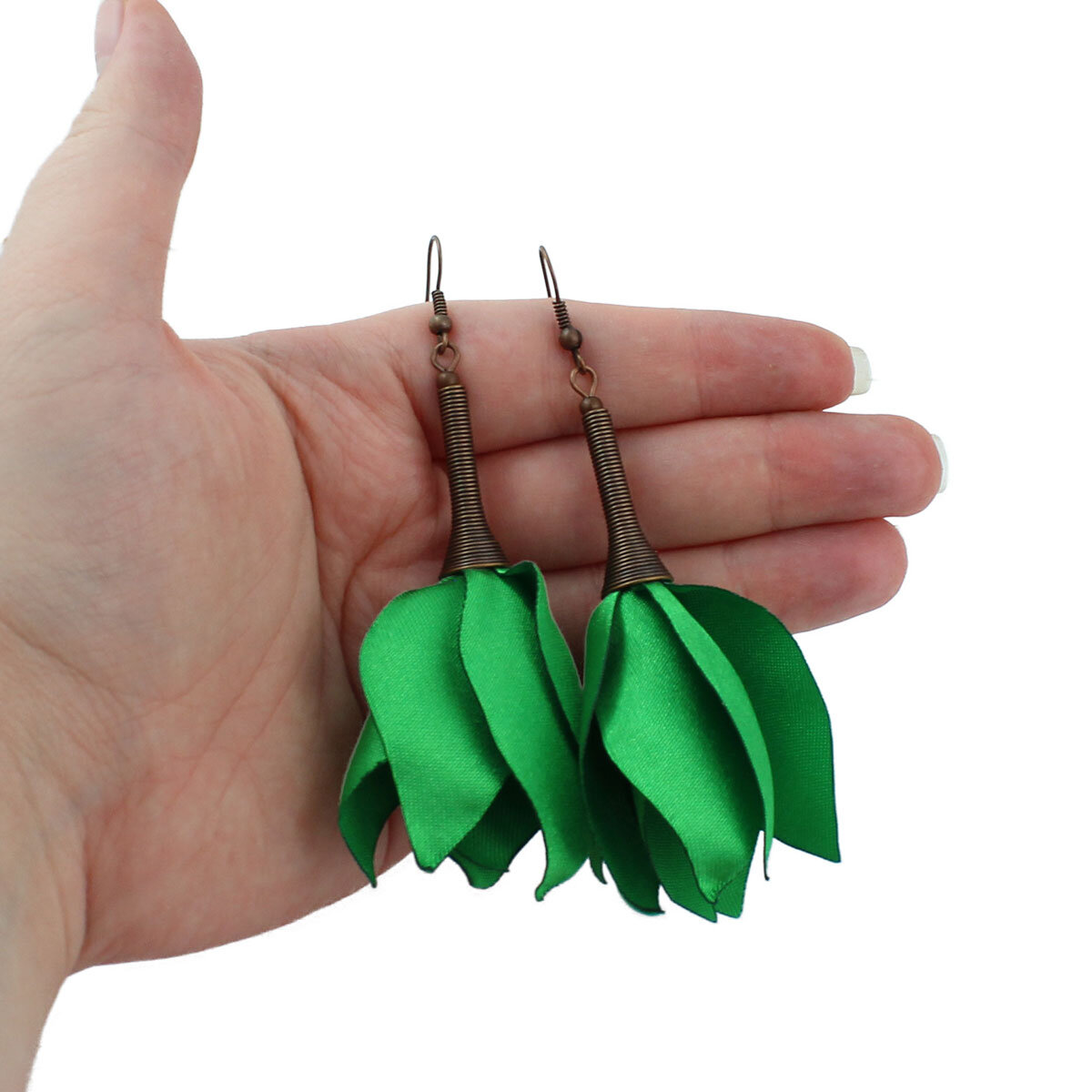 Długie Kolczyki Kwiaty Zielone Satynowe Antyczna Miedź
