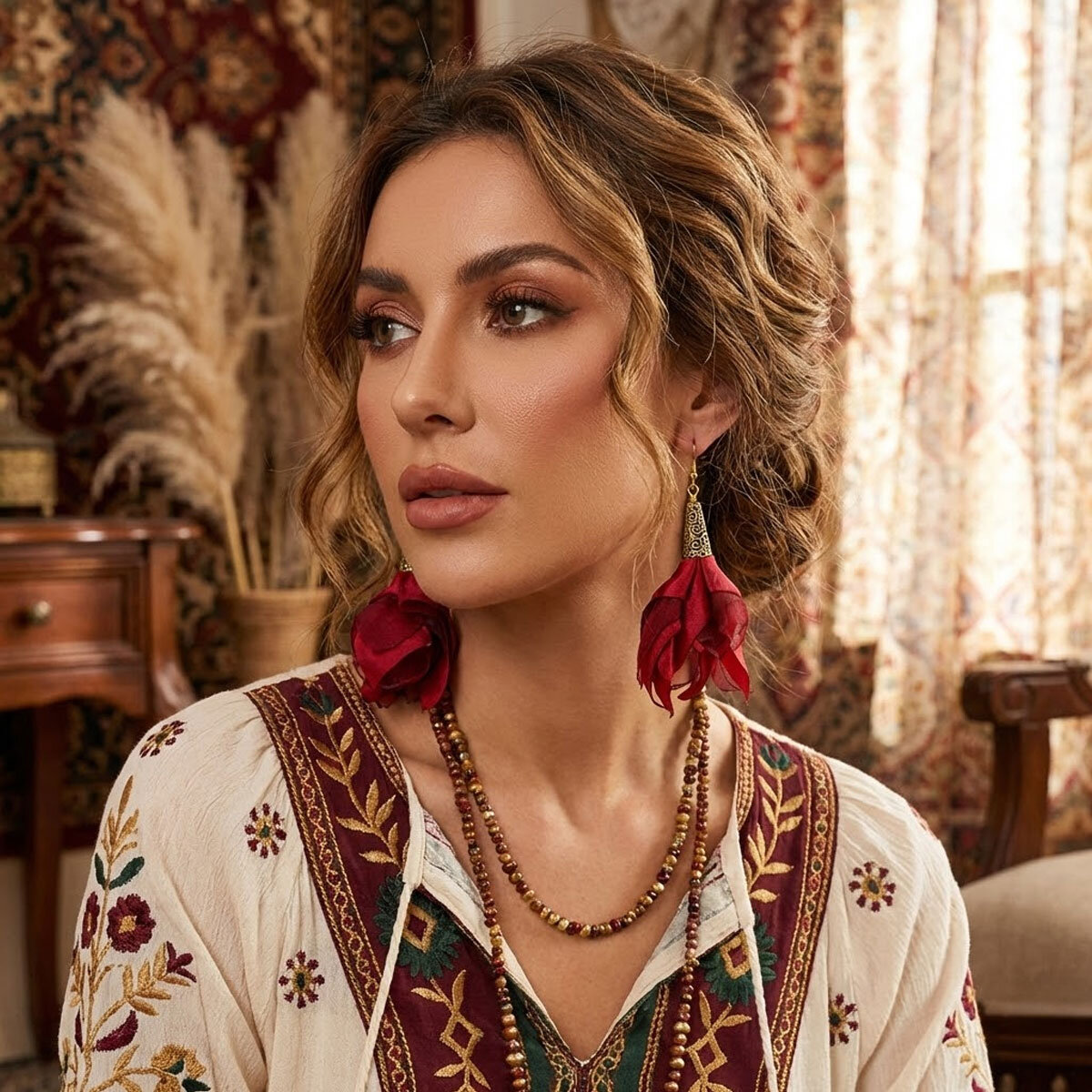 Lume Design kolczyki kwiaty burgundowe na uchu Eleganckie kolczyki burgundowe kwiaty Lume Design stylizacja dark romantic