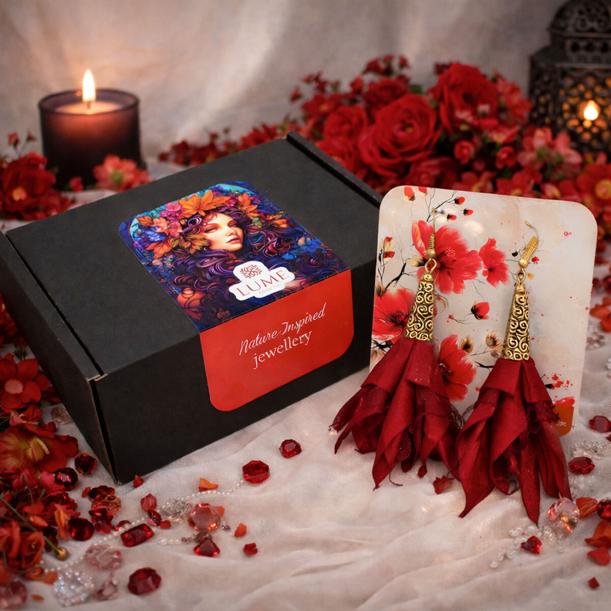 Kolczyki kwiaty Lume Design burgund czerwień Długie kolczyki kwiaty Lume Design burgundowe czerwone antyczne złoto