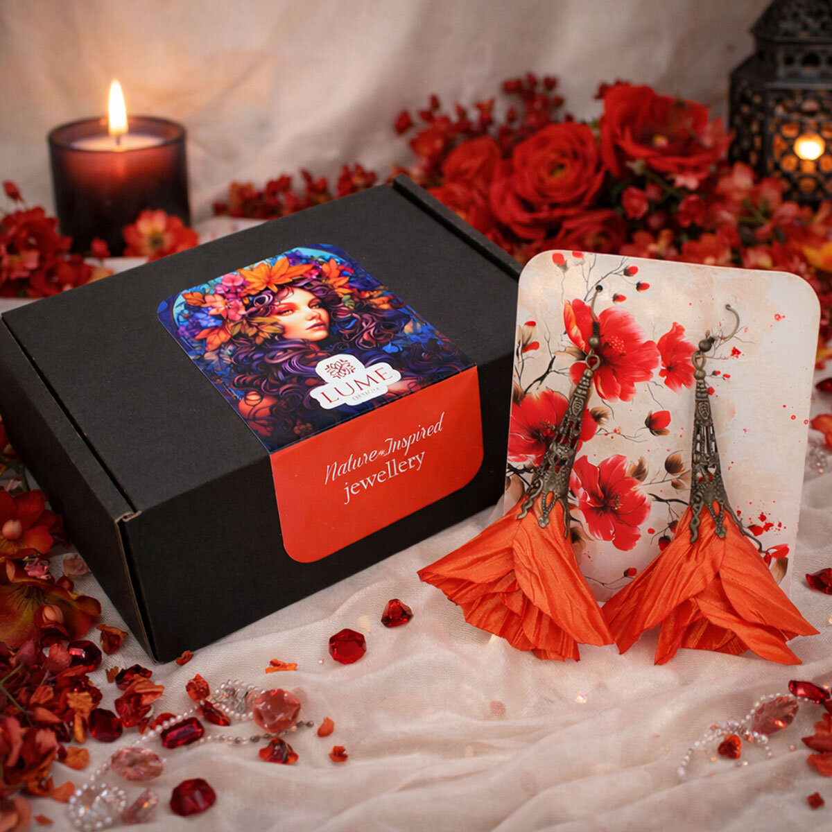 Długie kolczyki kwiaty Lume Design pomarańczowe żółte antyczny brąz