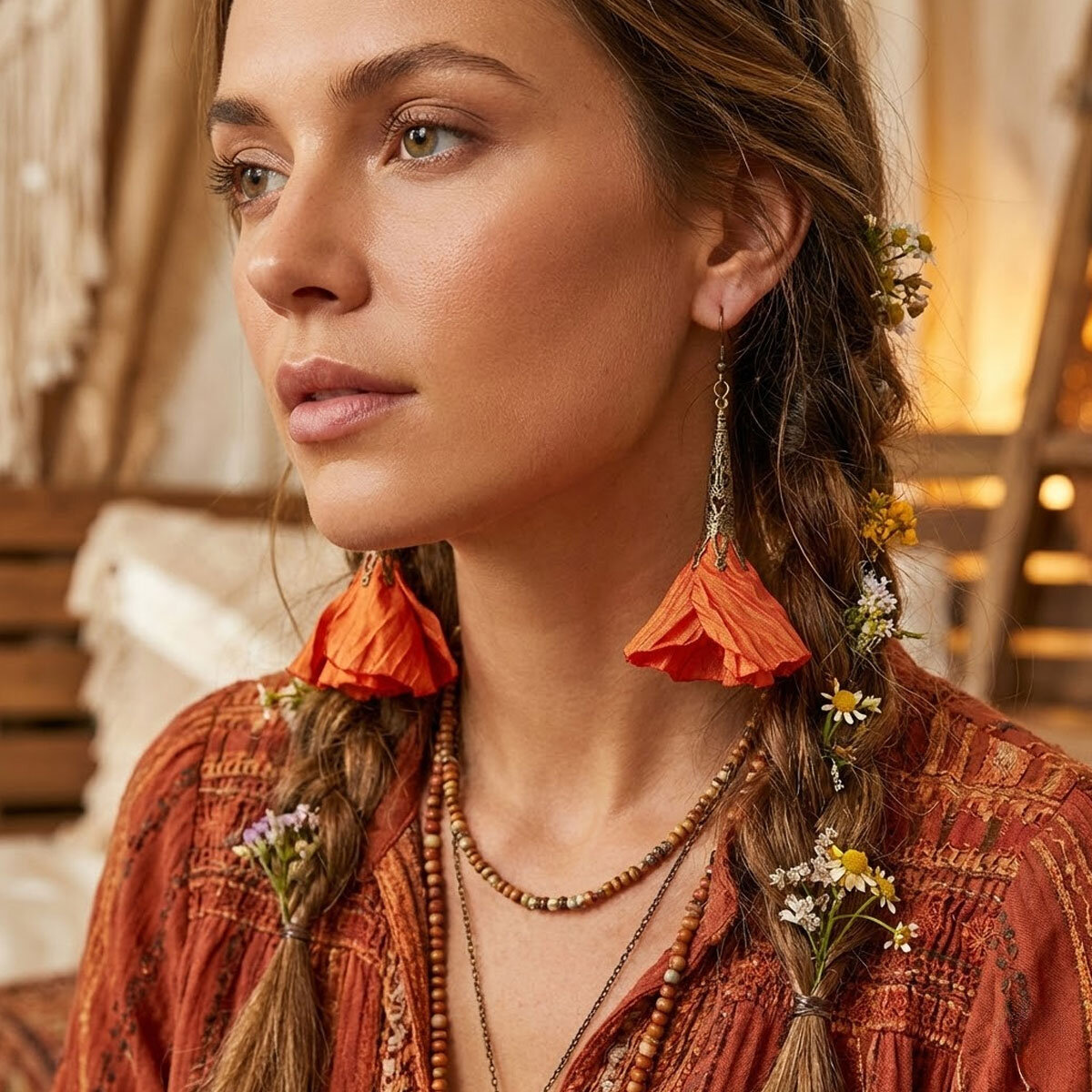 Długie kolczyki kwiaty Lume Design pomarańczowe żółte antyczny brąz