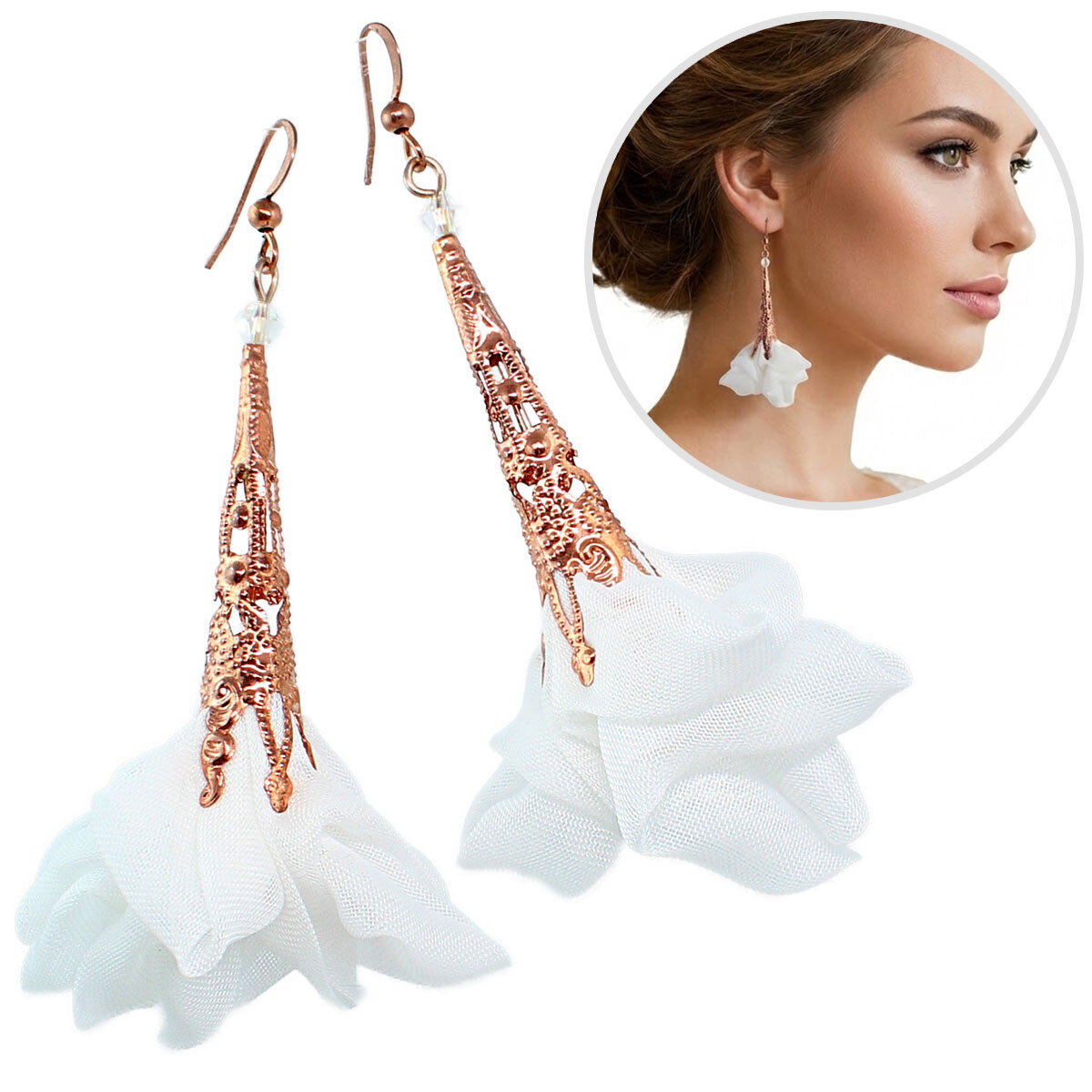 Długie białe kolczyki kwiaty ślubne Lume Design Rose Gold różowe złoto