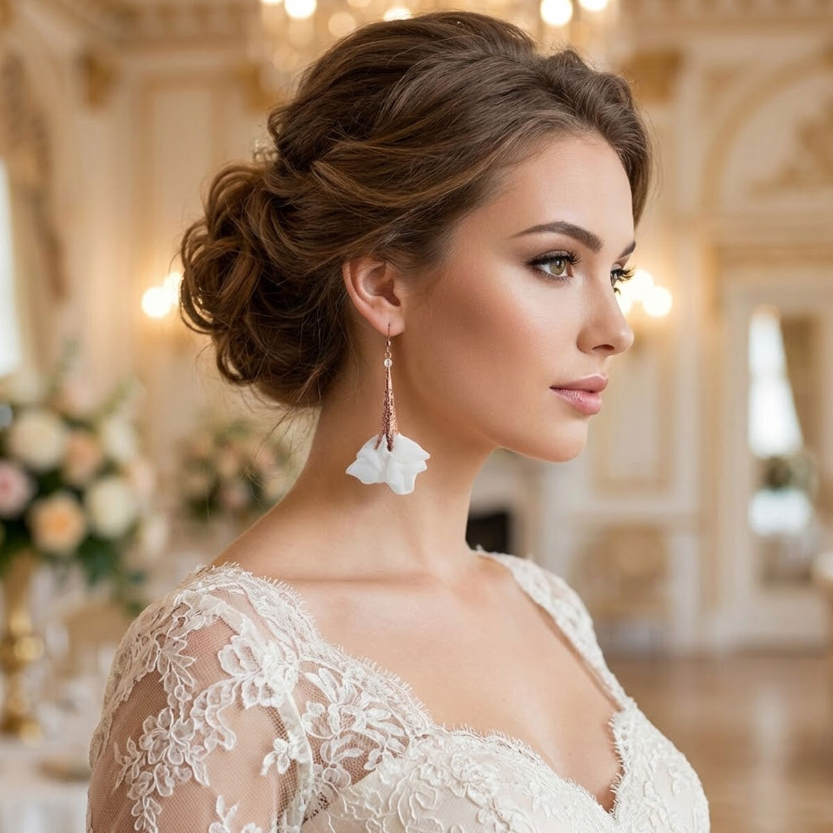 Długie białe kolczyki kwiaty ślubne Lume Design Rose Gold różowe złoto