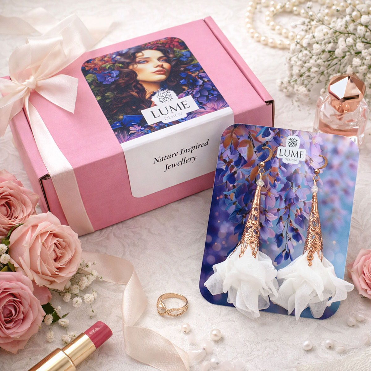 Długie białe kolczyki kwiaty ślubne Lume Design Rose Gold różowe złoto