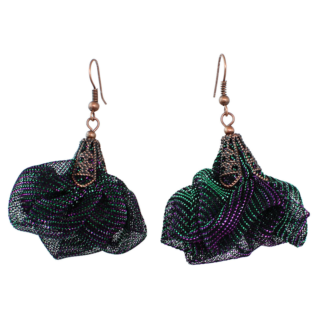 Kolczyki siateczka Lume Design zieleń fiolet Ultralekkie kolczyki kwiaty Lume Design duochrom zielony fiolet siateczka miedź