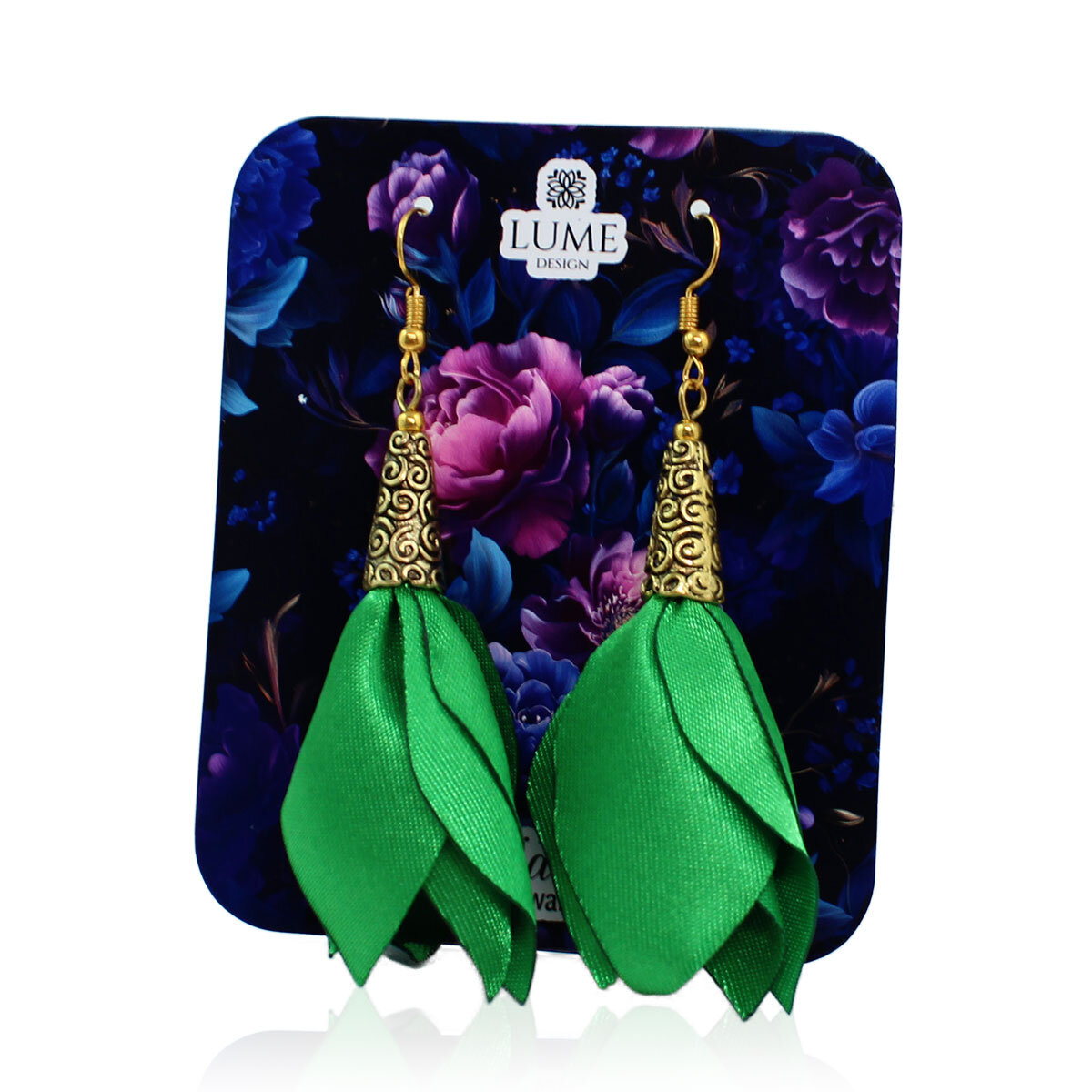 Kolczyki kwiaty Lume Design zielona satyna złoto Długie kolczyki kwiaty Lume Design zielone satynowe antyczne złoto