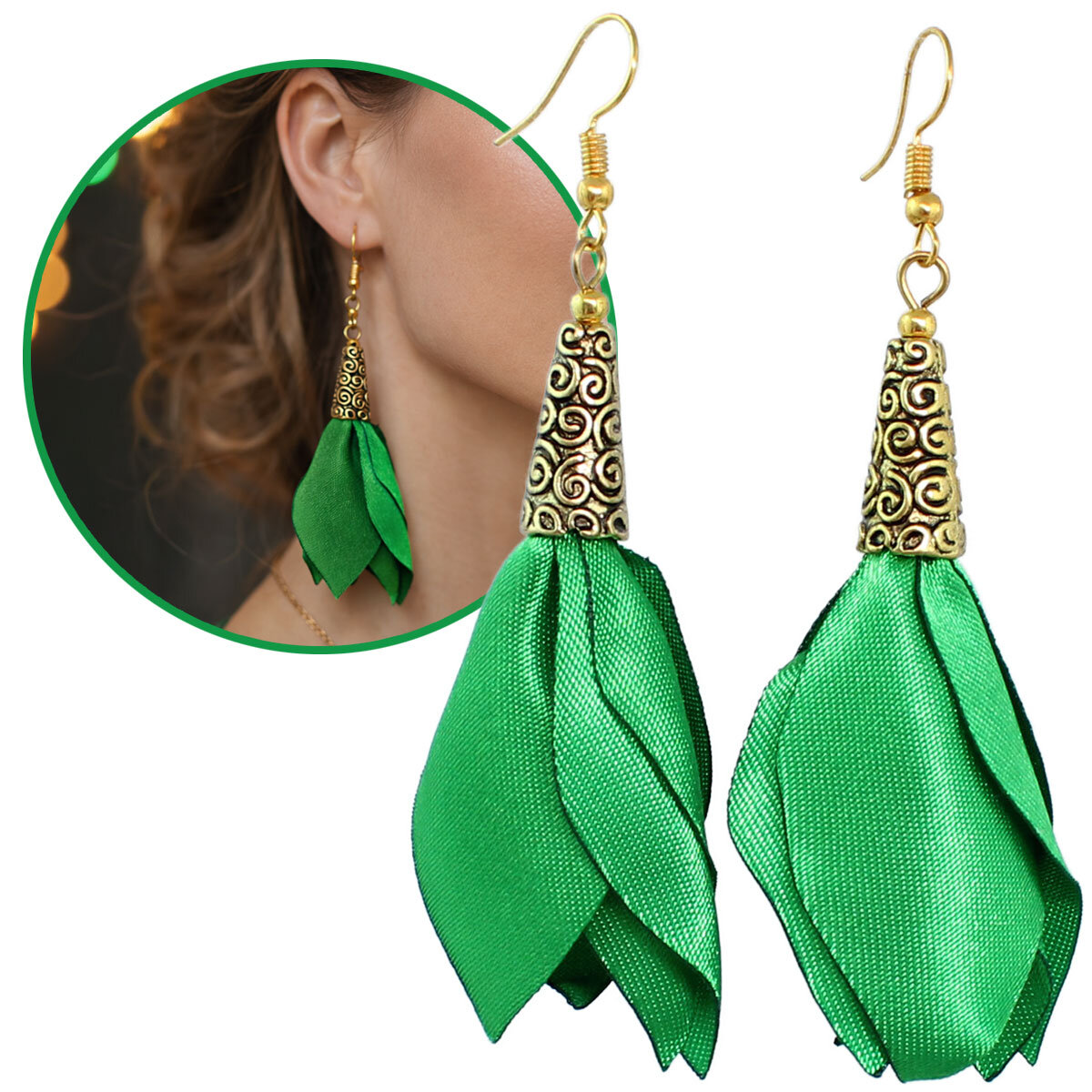 Kolczyki kwiaty Lume Design zielona satyna złoto Długie kolczyki kwiaty Lume Design zielone satynowe antyczne złoto