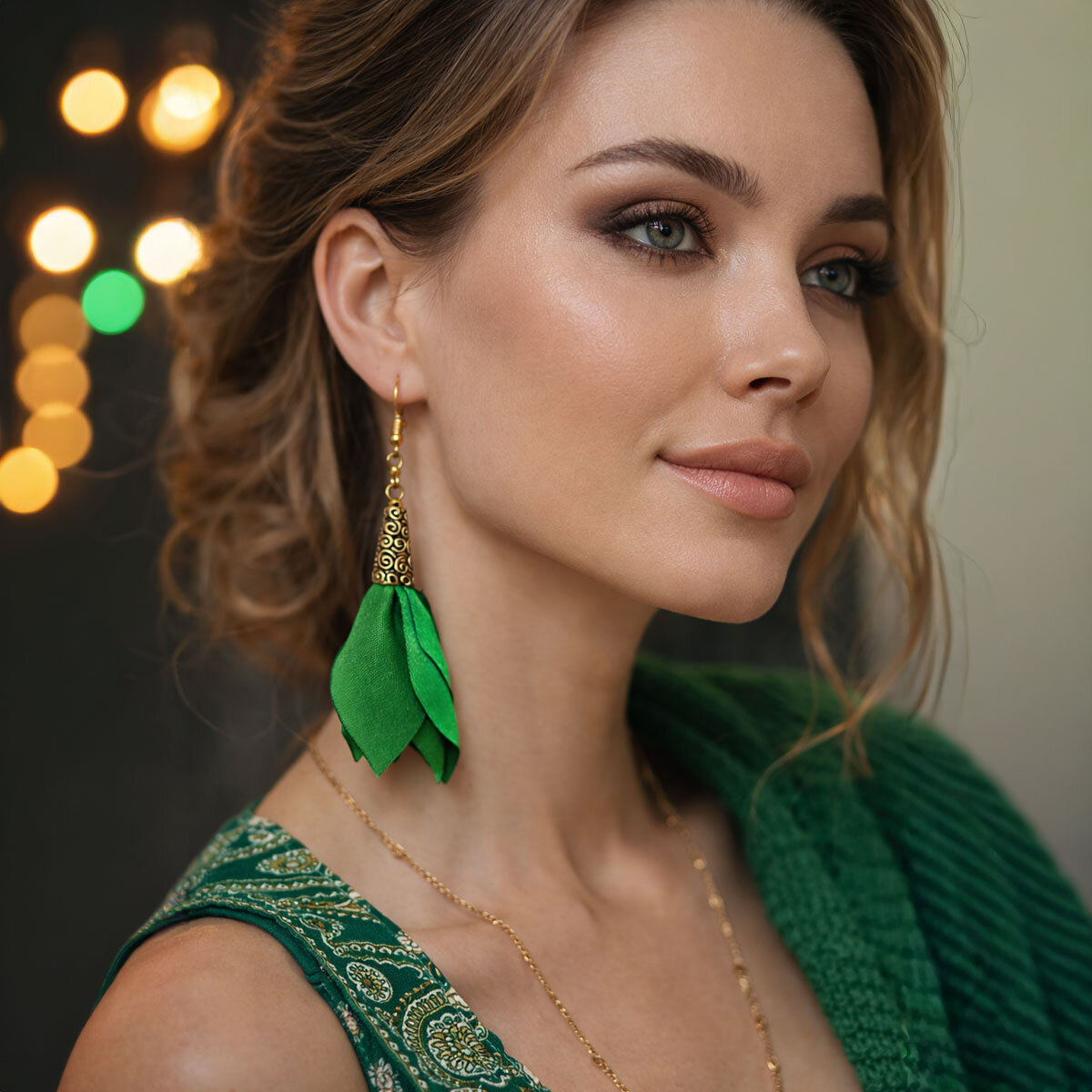 Kolczyki kwiaty Lume Design zielona satyna złoto Zbliżenie na satynowe płatki i zdobione złote wykończenie kolczyków Lume Design