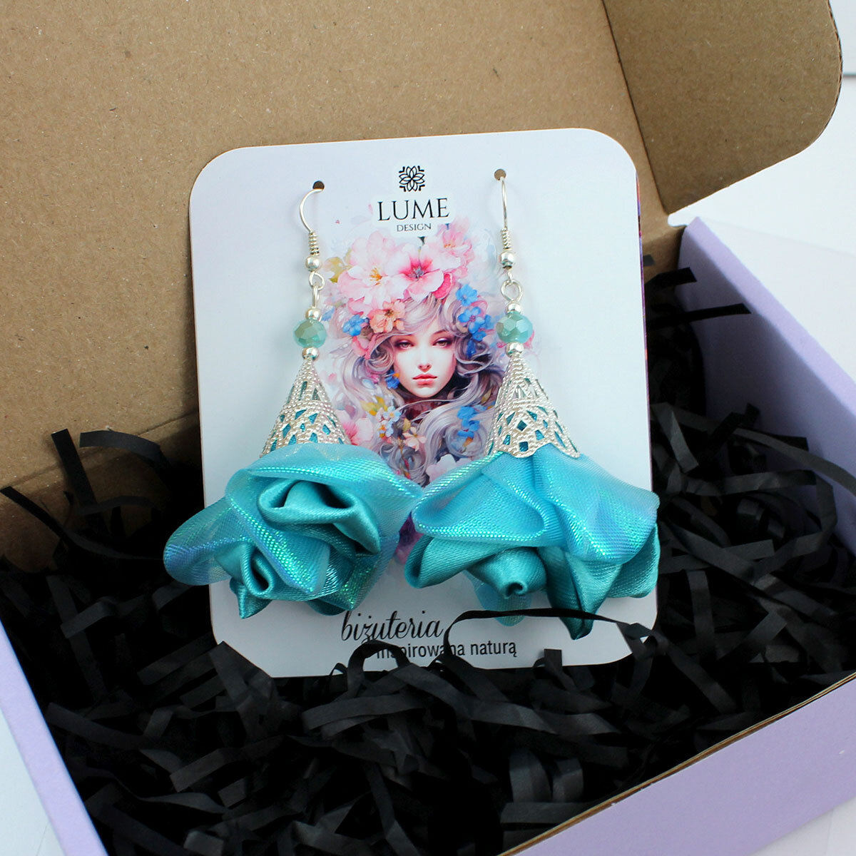 Długie kolczyki kwiaty morskie turkusowe iryzujące Lume Design srebrne