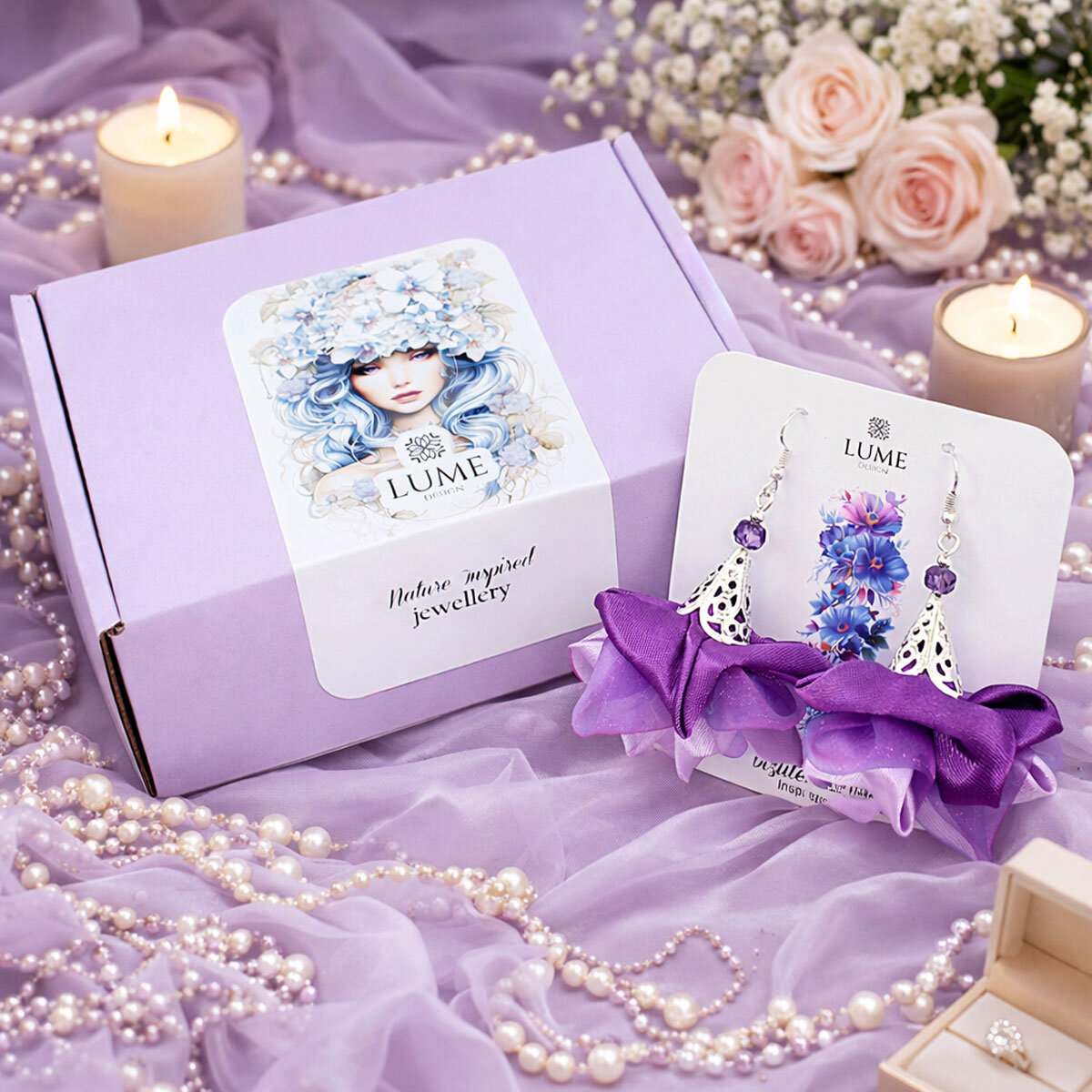 Szerokie kolczyki kwiaty Lume Design lawendowe fioletowe srebrne