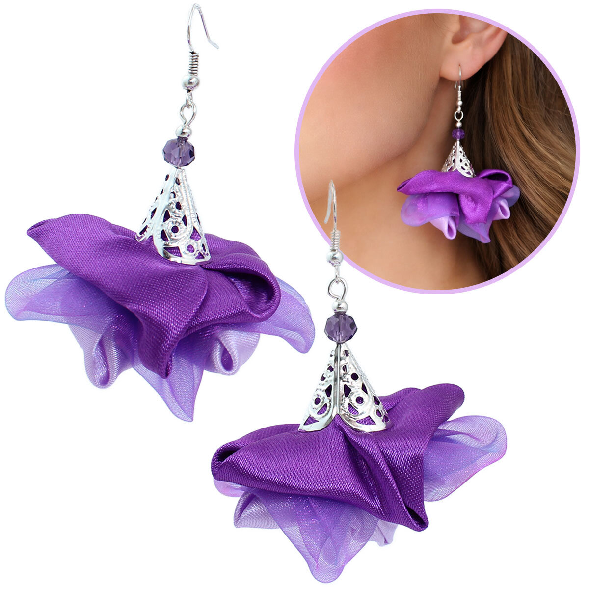 Szerokie kolczyki kwiaty Lume Design lawendowe fioletowe srebrne