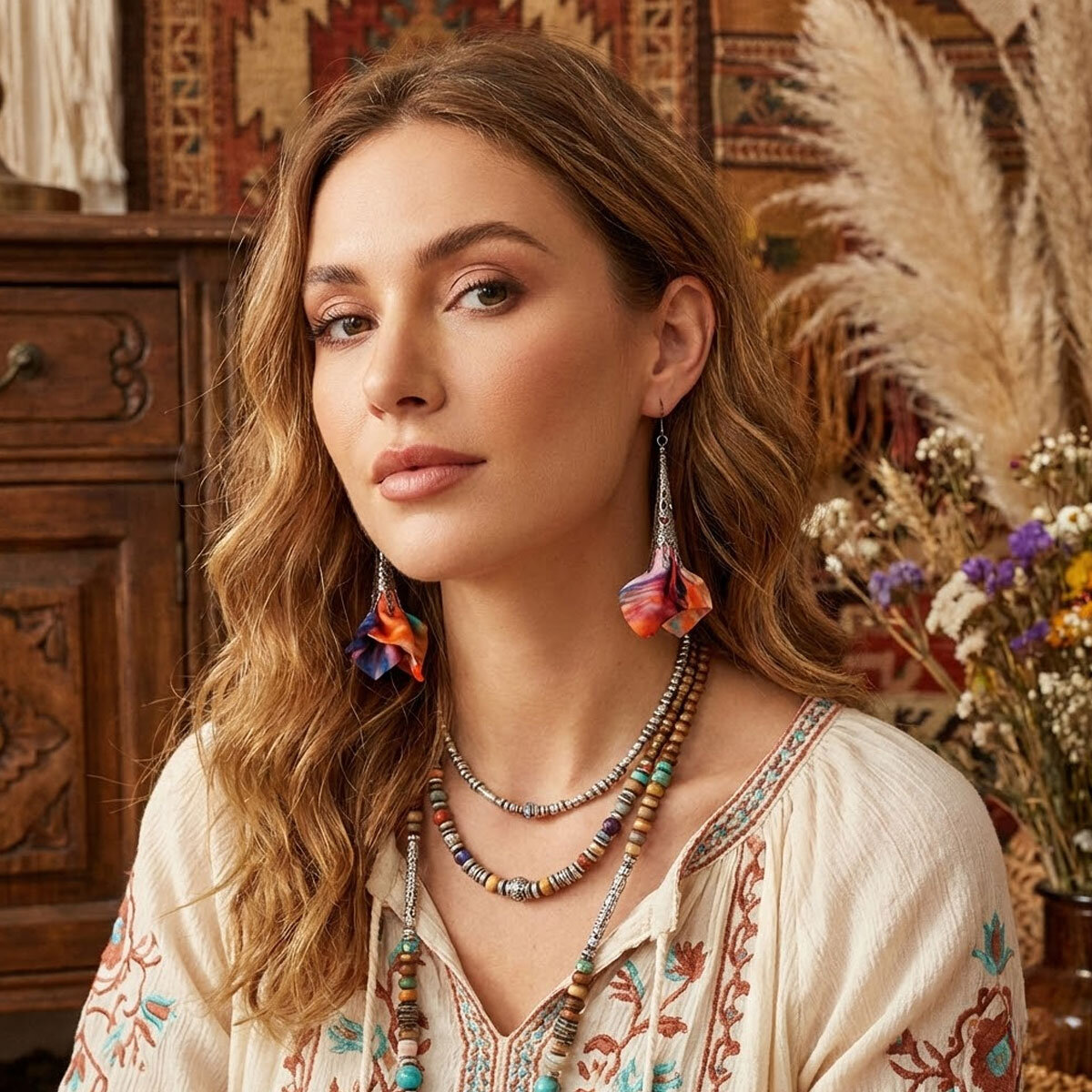 Kolorowe długie kolczyki kwiaty Lume Design stylizacja festiwalowa boho