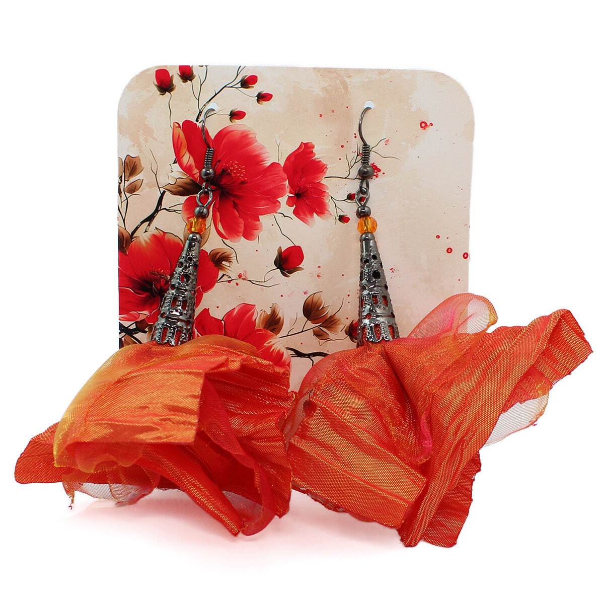 Długie kolczyki kwiaty Lume Design pomarańczowe multikolor czarne wykończenie