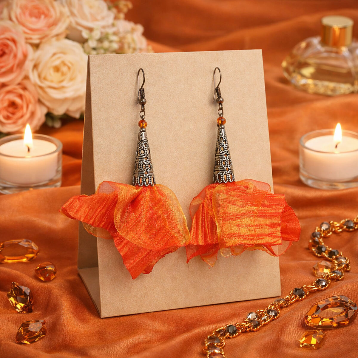 Długie kolczyki kwiaty Lume Design pomarańczowe multikolor czarne wykończenie