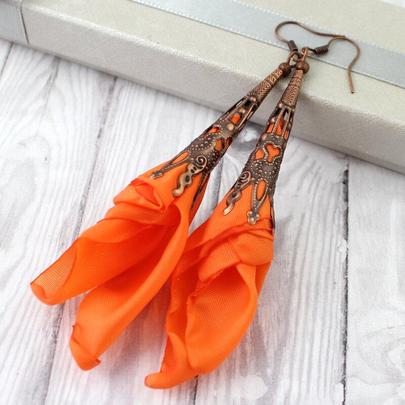 Długie Kolczyki Materiałowe Kwiaty Silk Pomarańczowe