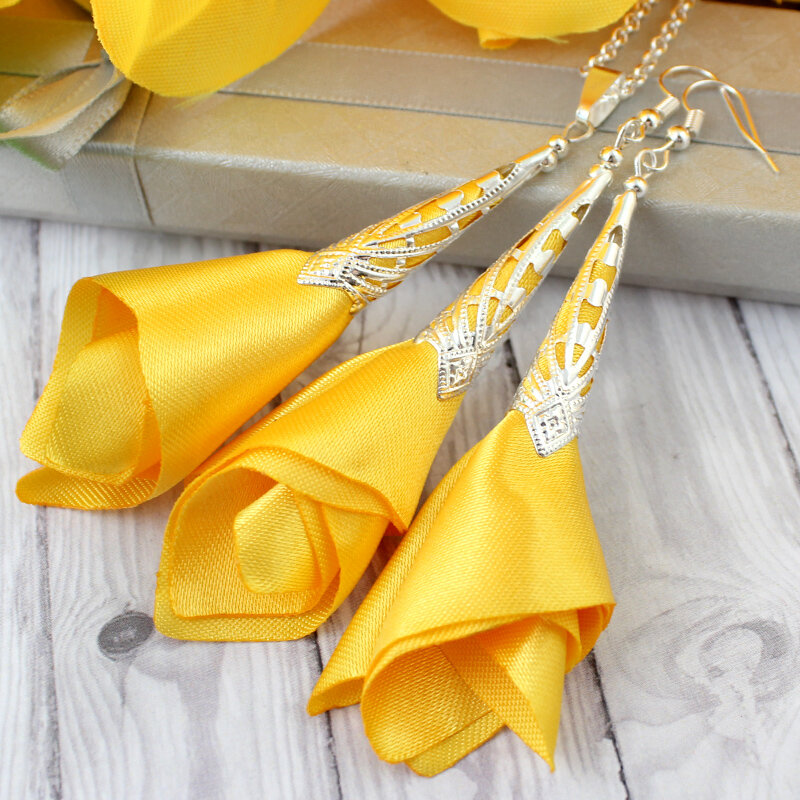 Długie Kolczyki Materiałowe Kwiaty Silk Żółte