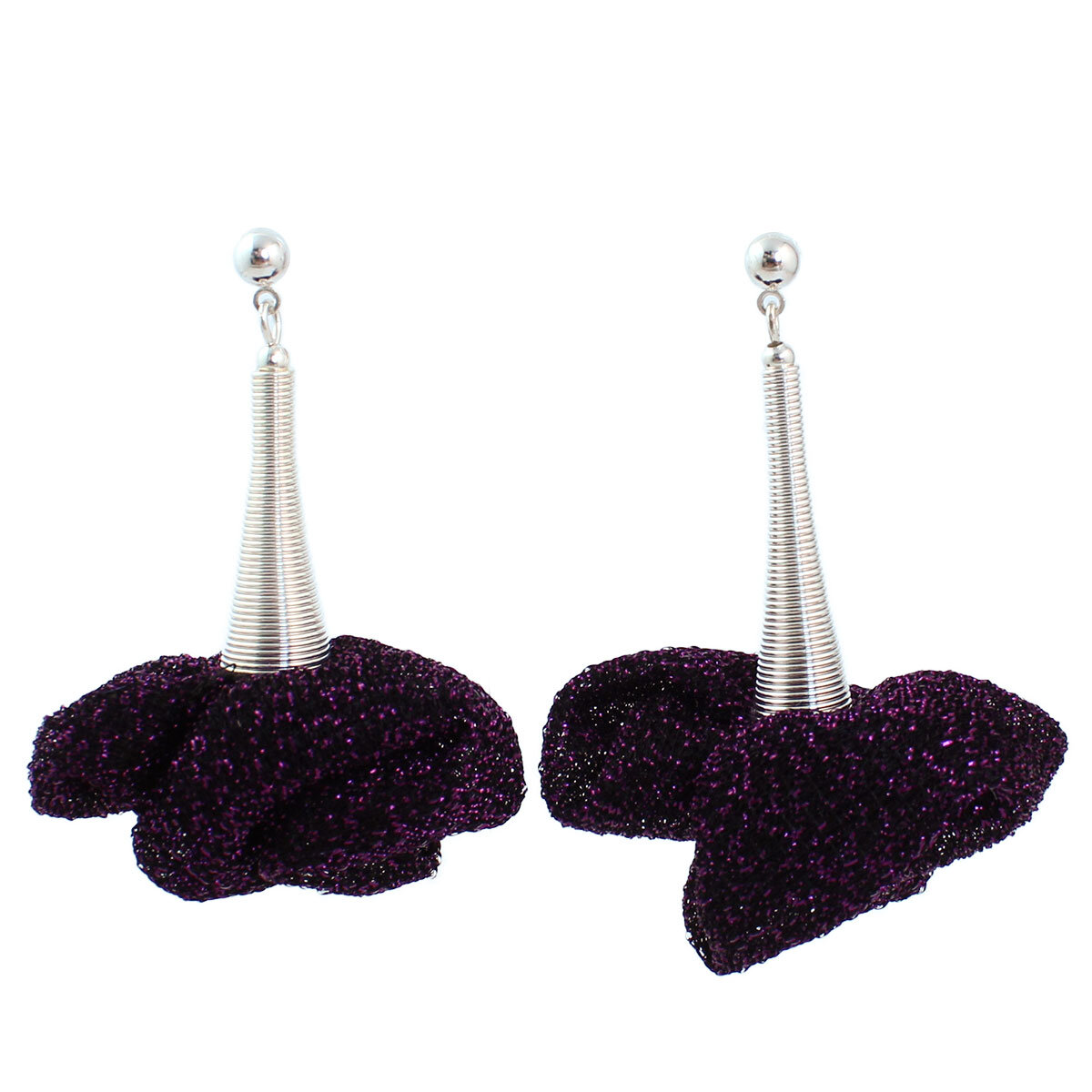 Ręcznie robione kolczyki z tkaniny ciemny fiolet lekkie błyszczące