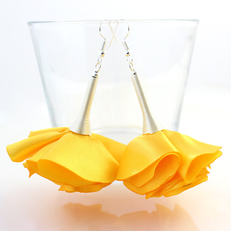 Duże Kolczyki Materiałowe Kwiaty Silk Żółte