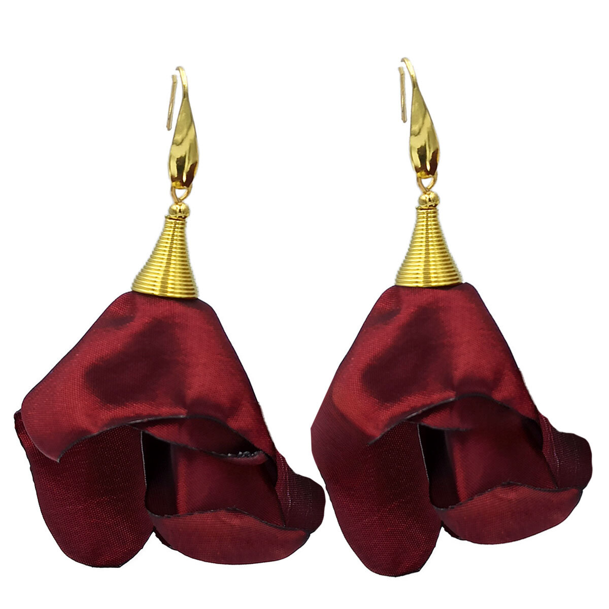 Kolczyki Długie Kwiaty Burgundowe Płatki 7,5cm Lume Design Długie, wiszące kolczyki w kształcie kwiatów uformowanych z burgundowej tkaniny ze złotym spiralnym stożkiem