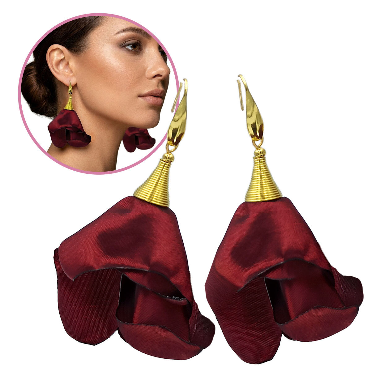 Kolczyki Długie Kwiaty Burgundowe Płatki 7,5cm Lume Design Długie, wiszące kolczyki w kształcie kwiatów uformowanych z burgundowej tkaniny ze złotym spiralnym stożkiem