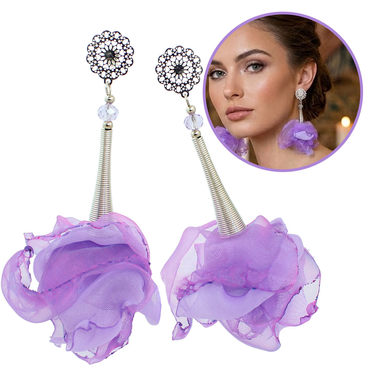 Kolczyki z tkaniny lawendowe lekkie mieniące handmade oksydowane materiałowe kwiaty