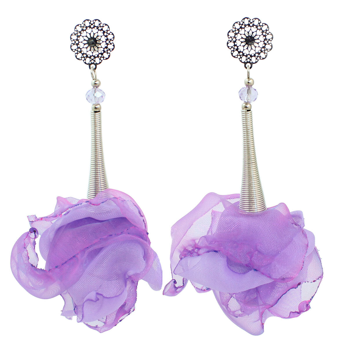 Kolczyki z tkaniny lawendowe lekkie mieniące handmade oksydowane materiałowe kwiaty