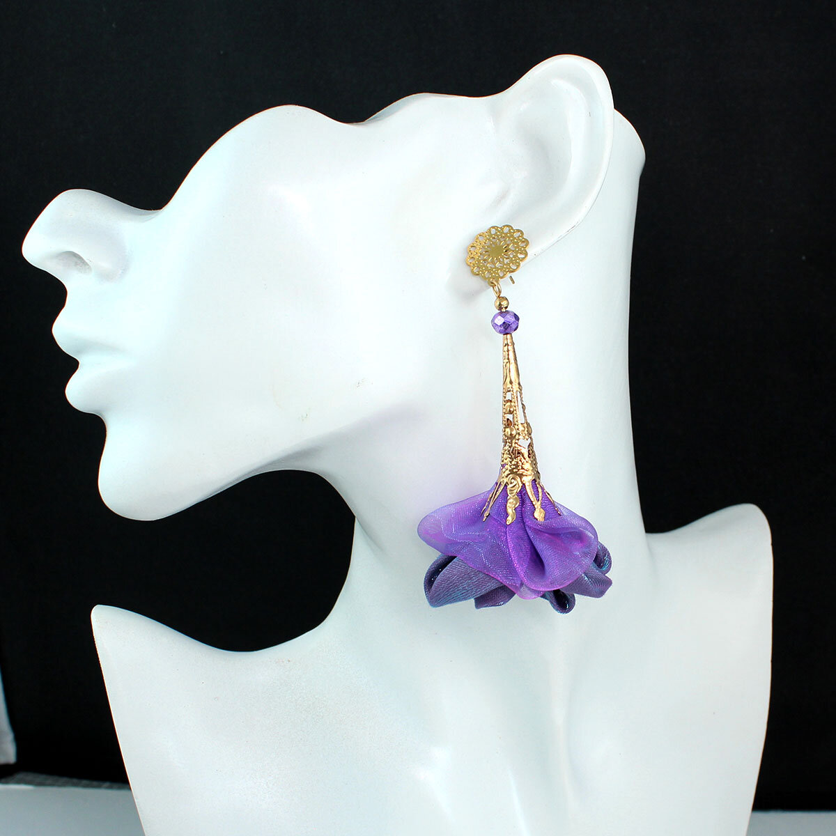 Kolczyki z tkaniny fioletowe mieniące lekkie handmade złote