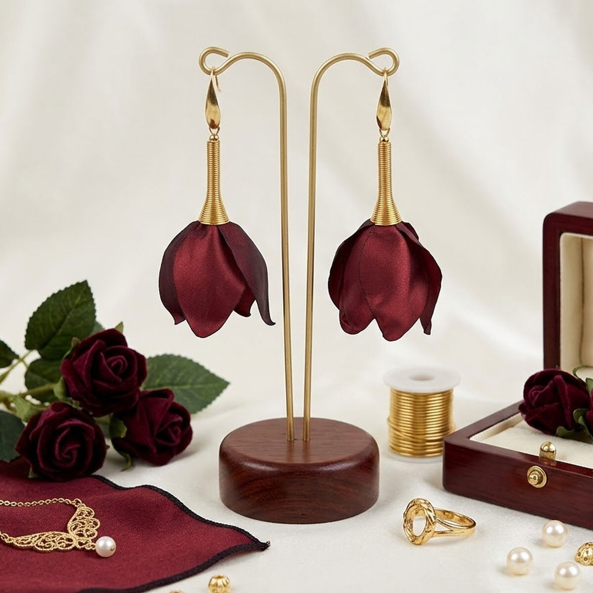 Kolczyki Długie Kwiaty Burgundowe Płatki Lume Design Długie, wiszące kolczyki w kształcie kwiatów uformowanych z asymetrycznych płatków tkaniny w kolorze ciemnego bordo