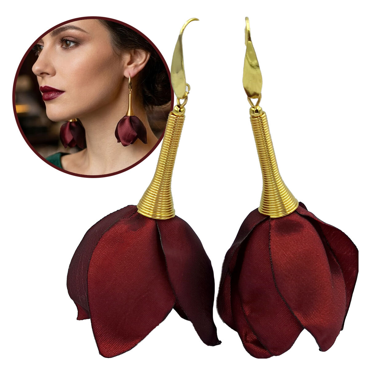 Kolczyki Długie Kwiaty Burgundowe Płatki Lume Design Długie, wiszące kolczyki w kształcie kwiatów uformowanych z asymetrycznych płatków tkaniny w kolorze ciemnego bordo