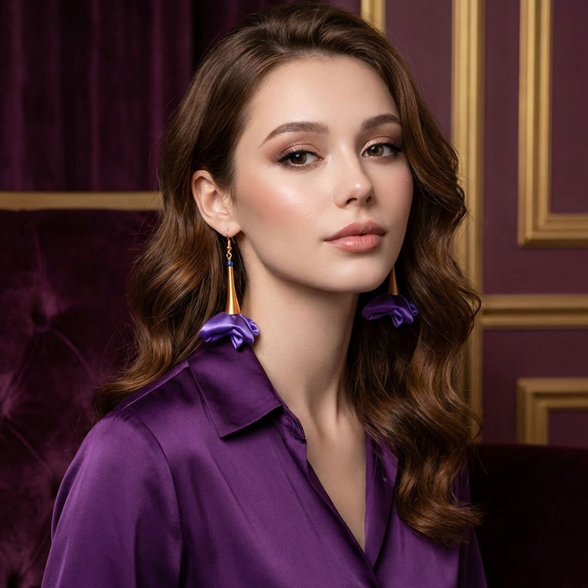 Długie kolczyki kwiaty fioletowe satynowe złote bigle Lume Design