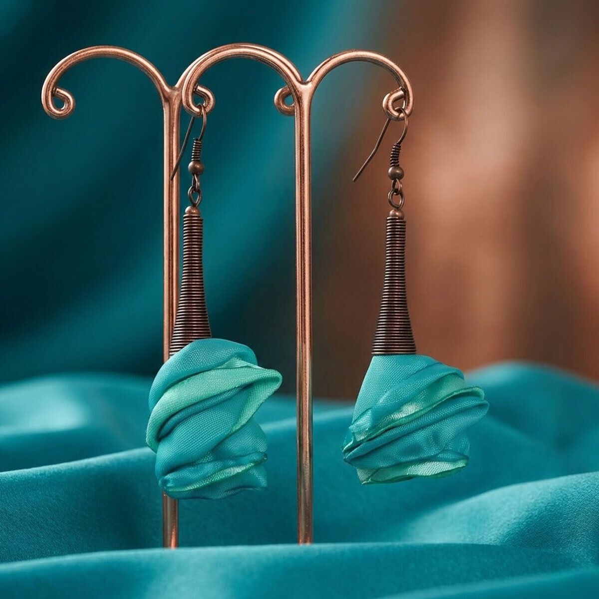 Kolczyki Turkusowe Kwiaty Miedź Lume Design Długie turkusowe kolczyki kwiaty z miedzianym spiralnym wykończeniem