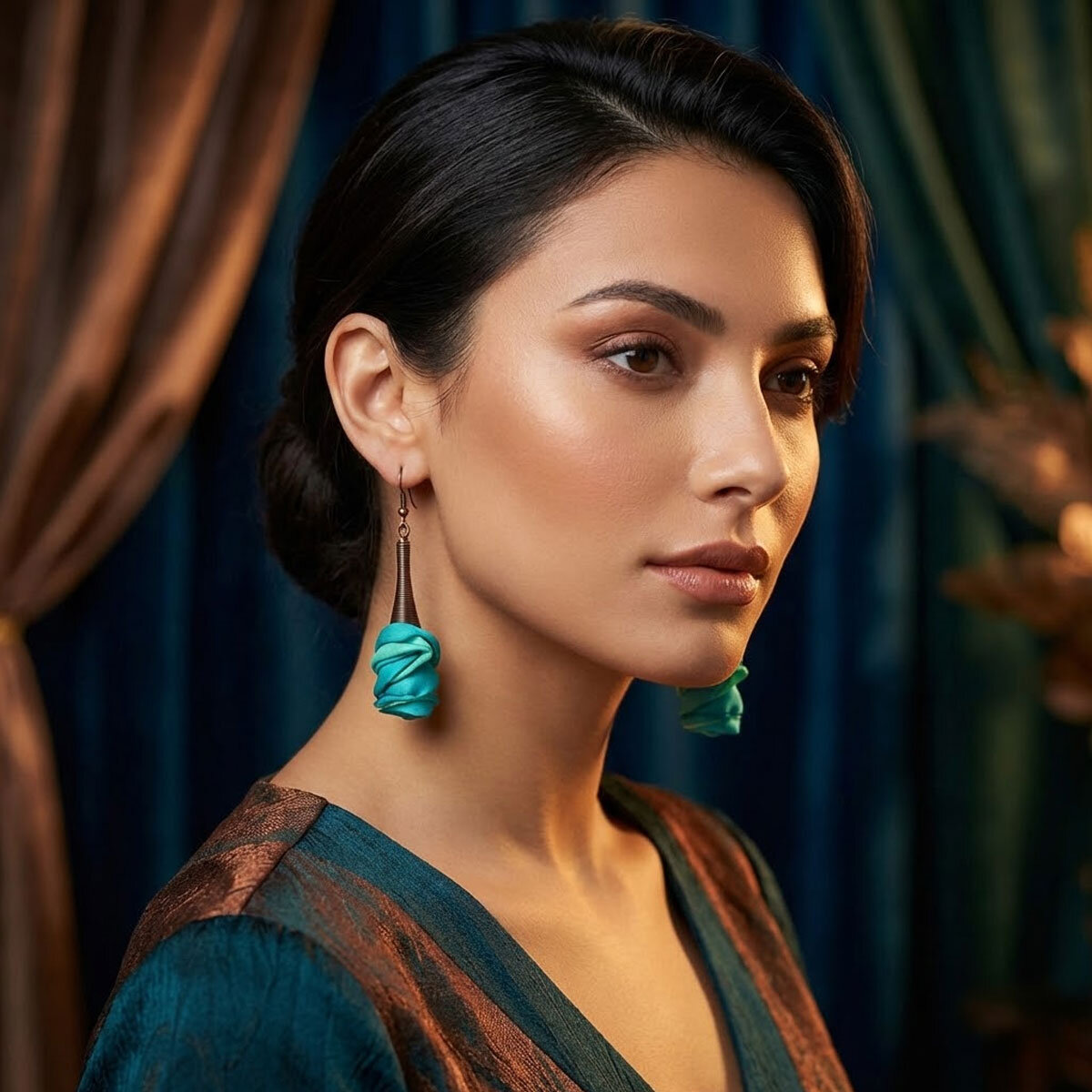 Kolczyki Turkusowe Kwiaty Miedź Lume Design Długie turkusowe kolczyki kwiaty z miedzianym spiralnym wykończeniem