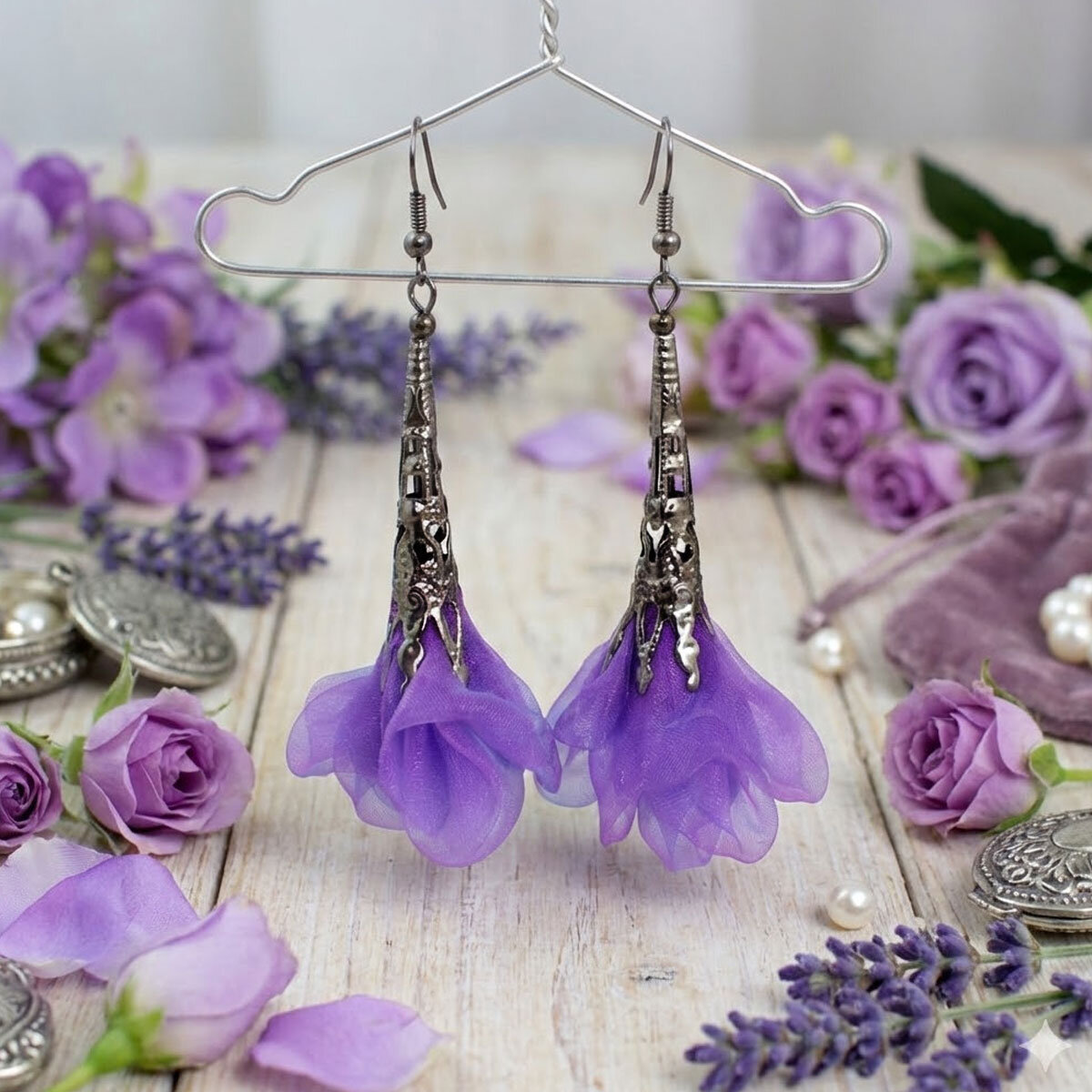 Długie kolczyki kwiaty Lume Design fioletowe fantasy