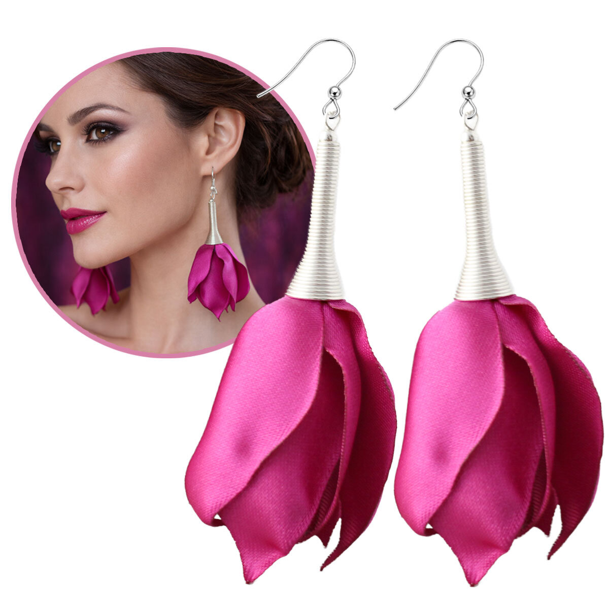 Kolczyki Kwiaty Satynowe Fuksja Lume Design Długie, różowe kolczyki materiałowe fuksja z satynowych płatków kwiatów, srebrne zapięcia