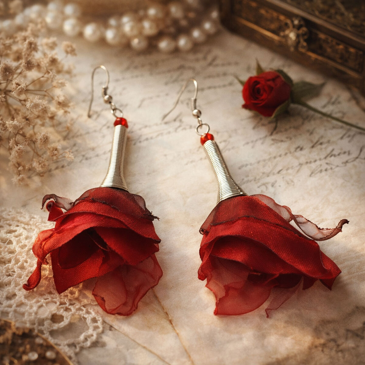Kolczyki Kwiaty Materiałowe Czerwone Flamenco Lume Design Długie, czerwone materiałowe kolczyki w kształcie kwiatów z elementami w antycznym odcieniu srebra