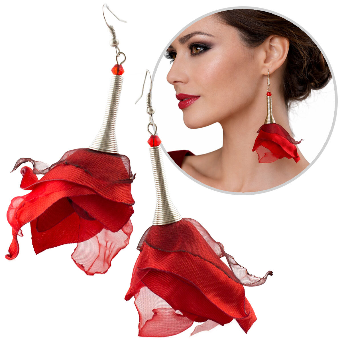 Kolczyki Kwiaty Materiałowe Czerwone Flamenco Lume Design Długie, czerwone materiałowe kolczyki w kształcie kwiatów z elementami w antycznym odcieniu srebra
