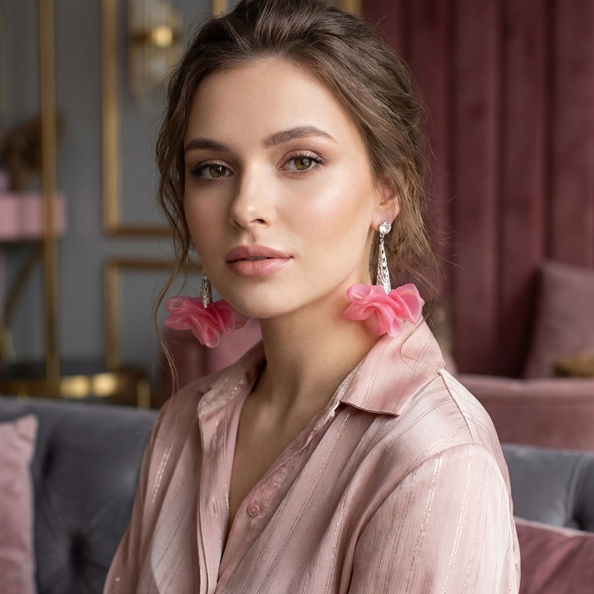 Długie kolczyki kwiaty mieniące się różowe pomarańczowe sztyfty