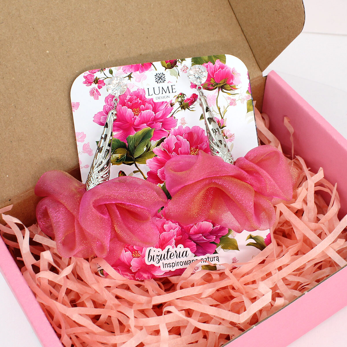 Długie kolczyki kwiaty mieniące się różowe pomarańczowe sztyfty