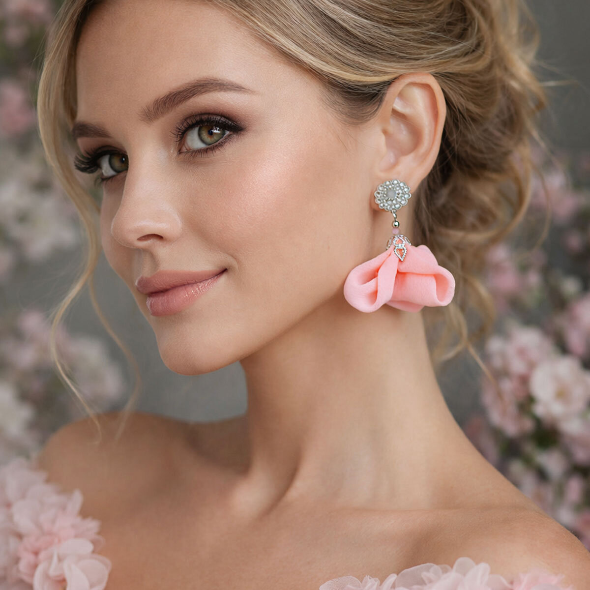 Kolczyki kwiaty pudrowy róż wiszące ażurowe rozety