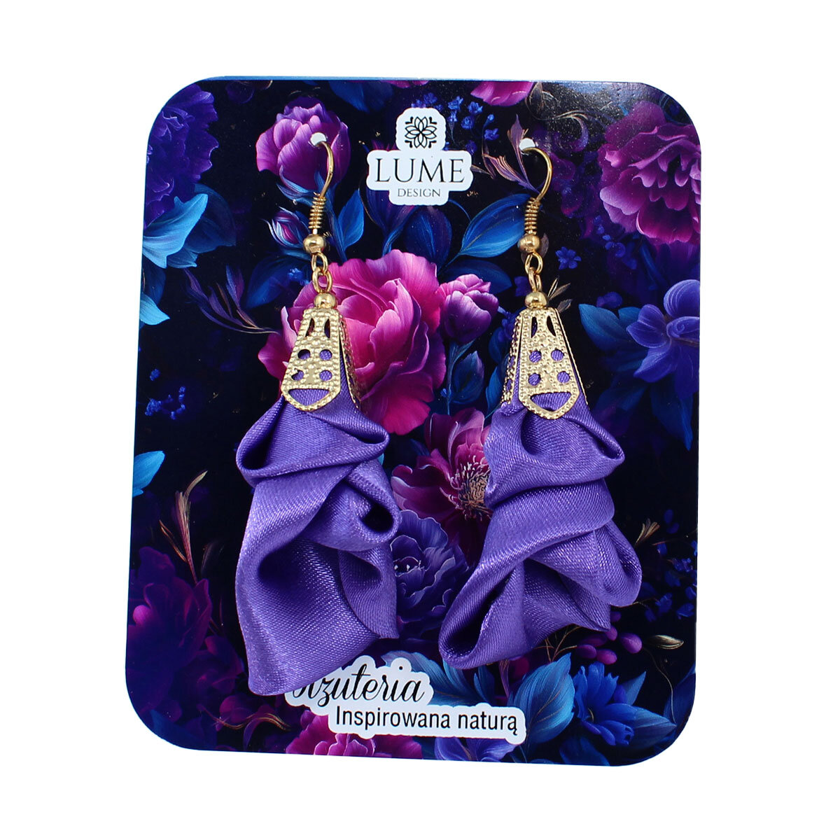 Kolczyki z tkaninKolczyki z tkaniny fioletowo granatowe ażurowe kwiaty złote – Lume Designy fioletowo granatowe ażurowe kwiaty złote – Lume Design