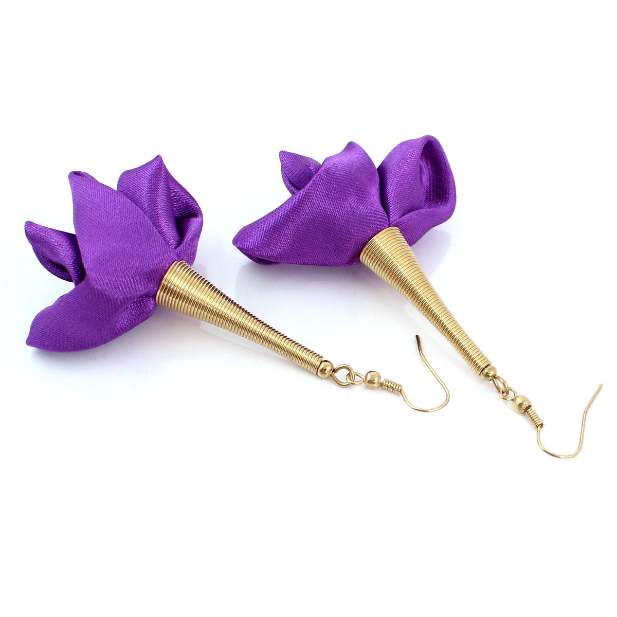 Kolczyki z tkaniny fiolet biskupi długie kwiaty złote KC gold – Lume Design