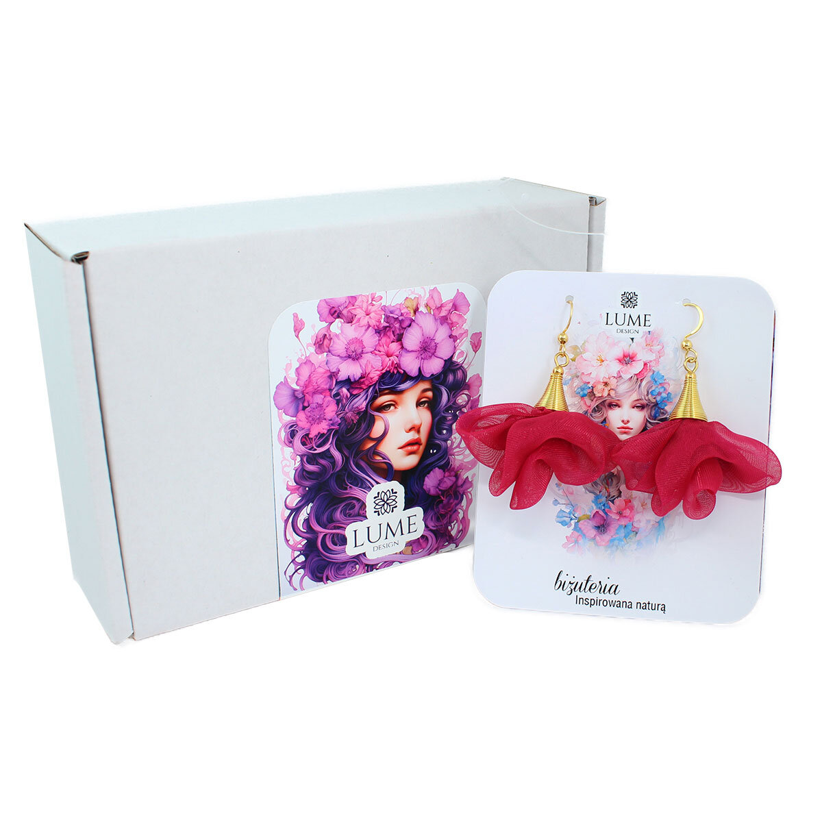 Kolczyki z tkaniny malinowe lekkie kwiaty delikatne – Lume Design Lekkie kolczyki malinowe z tkaniny kwiaty złote wykończenia – Lume Design