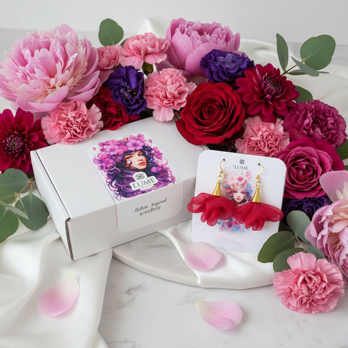 Kolczyki z tkaniny malinowe lekkie kwiaty delikatne – Lume Design Lekkie kolczyki malinowe z tkaniny kwiaty złote wykończenia – Lume Design