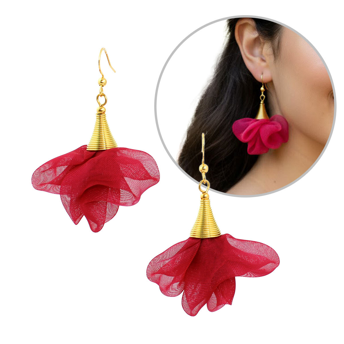 Kolczyki z tkaniny malinowe lekkie kwiaty delikatne – Lume Design Kolczyki z tkaniny fiolet lawenda kwiaty złote wykończenia – Lume Design