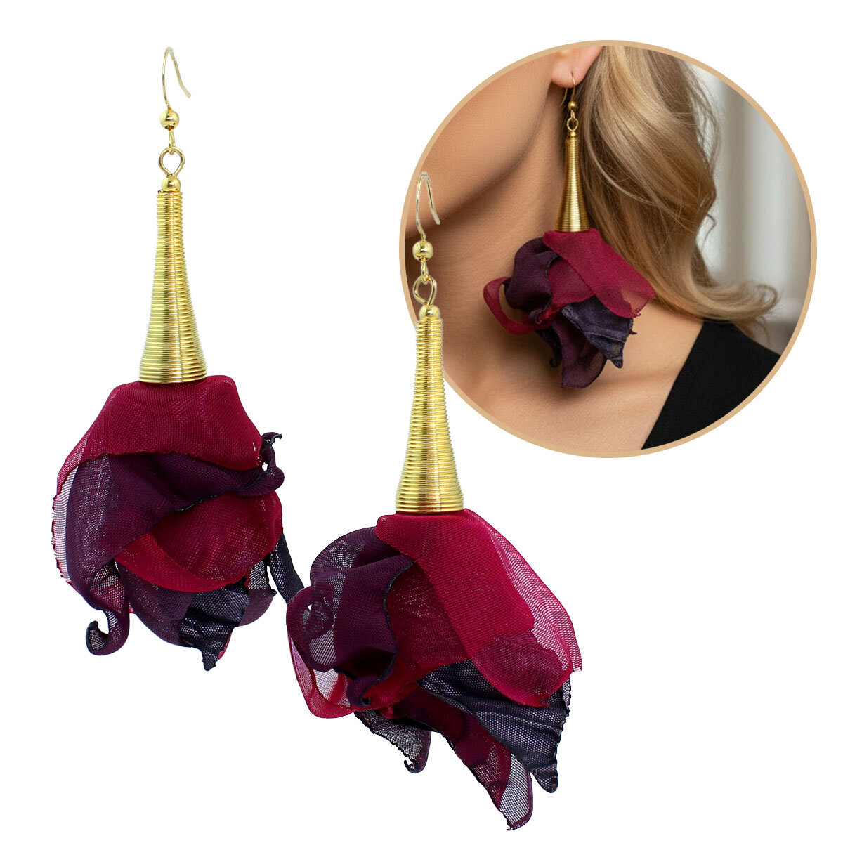 Kolczyki z tkaniny fiolet malinowy długie kwiaty boho – Lume Design