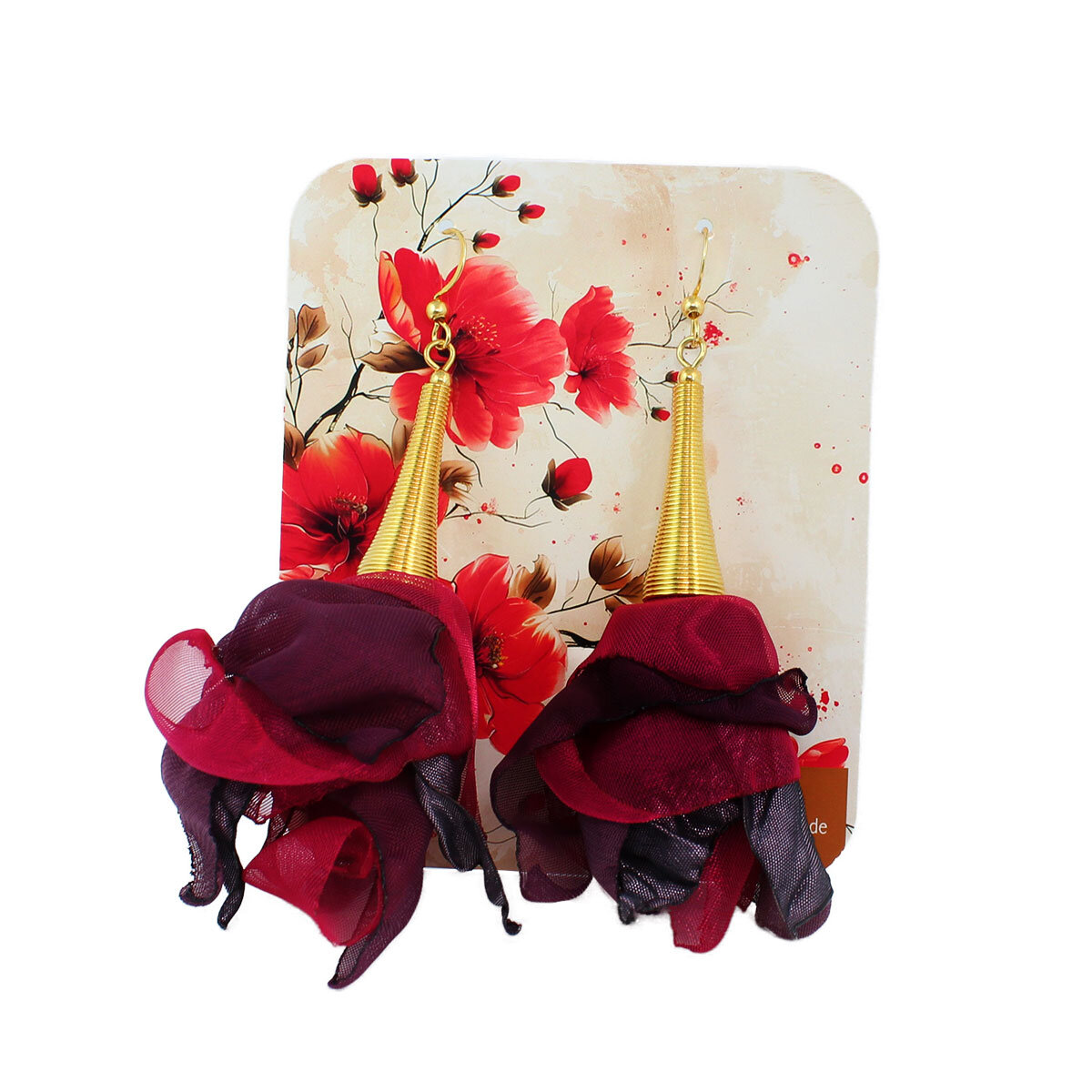 Kolczyki z tkaniny fiolet malinowy długie kwiaty boho – Lume Design