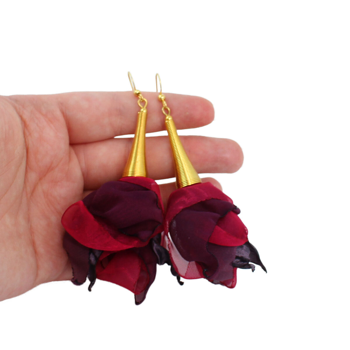 Kolczyki z tkaniny fiolet malinowy długie kwiaty boho – Lume Design