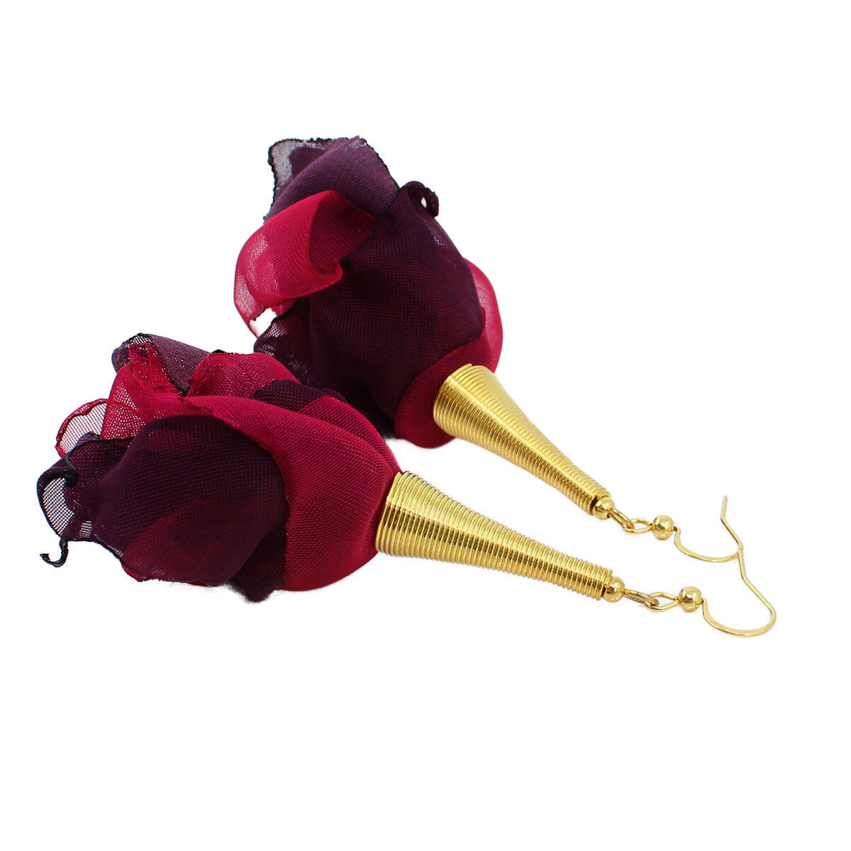 Kolczyki z tkaniny fiolet malinowy długie kwiaty boho – Lume Design